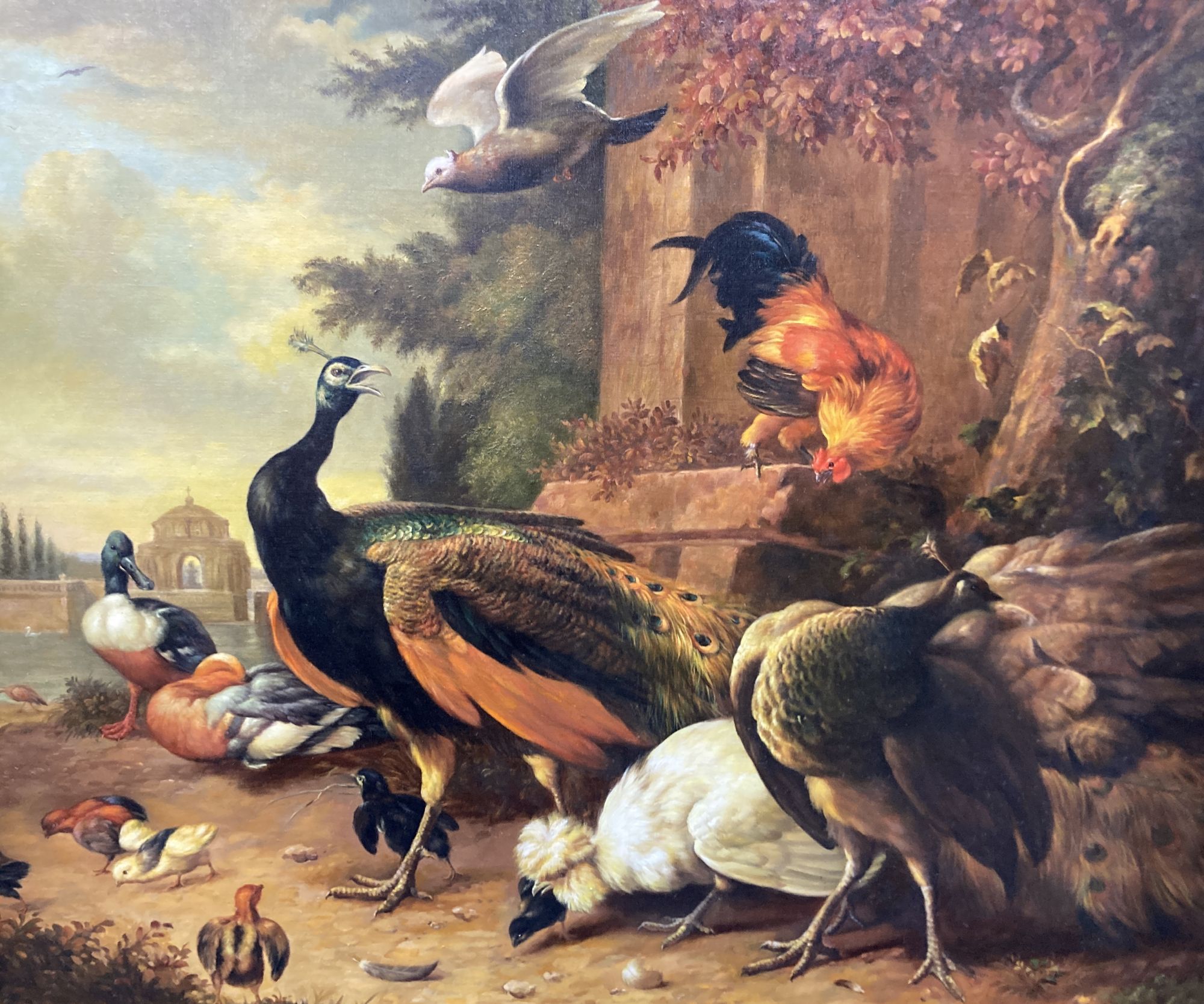 After Hondecoeter, oil on canvas board, Peacock and poultry in a landscape, 74 x 90cm